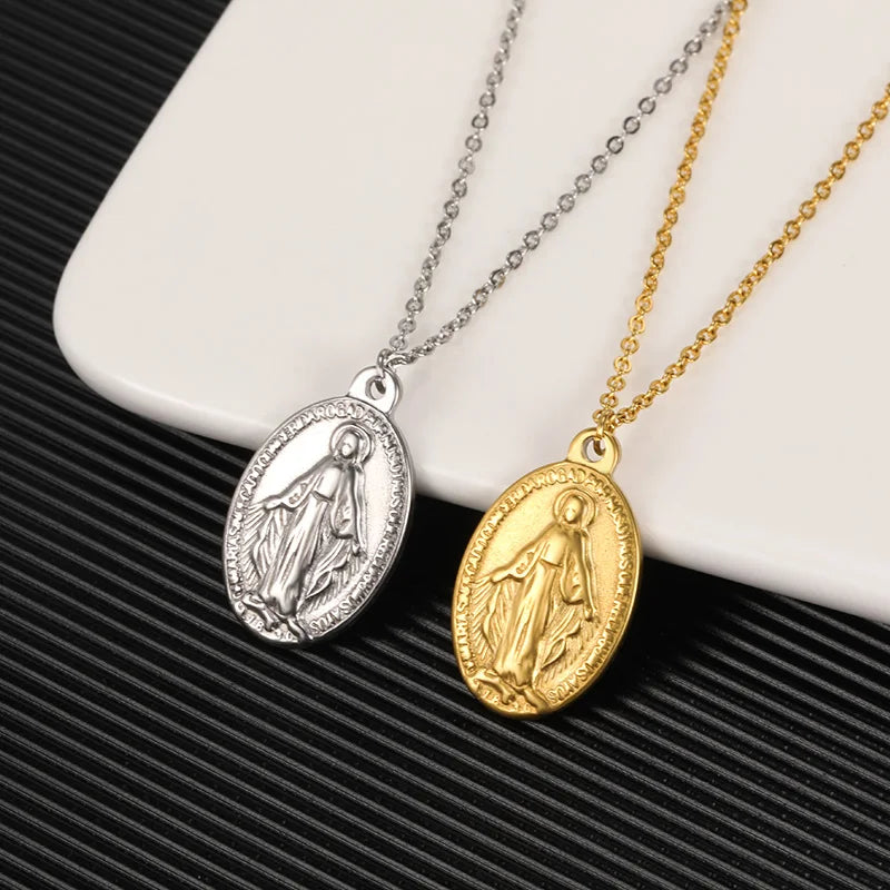 Holy Marraine Collares Para Mujer Stainless Steel Necklace For Women Virgin Mary Choker Religiou Cross Pattern Collier Jewelry