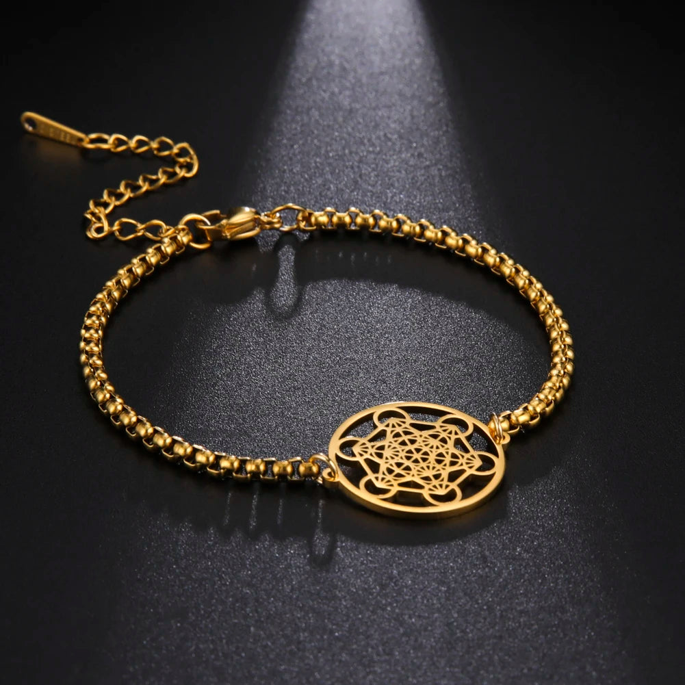 Skyrim Archangel Metatron Cube Bracelets Women Men Sacred Geometry Box Chain Bracelet Stainless Steel Amulet Religious Jewelry