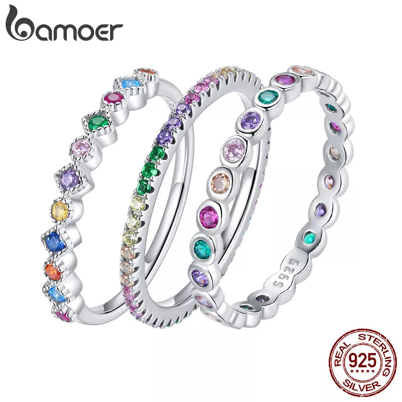 bamoer 925 Sterling Silver Multicolor Zircon Finger Ring for Women Trendy Fashion Dazzling CZ Stone Anillos Jewelry Gift