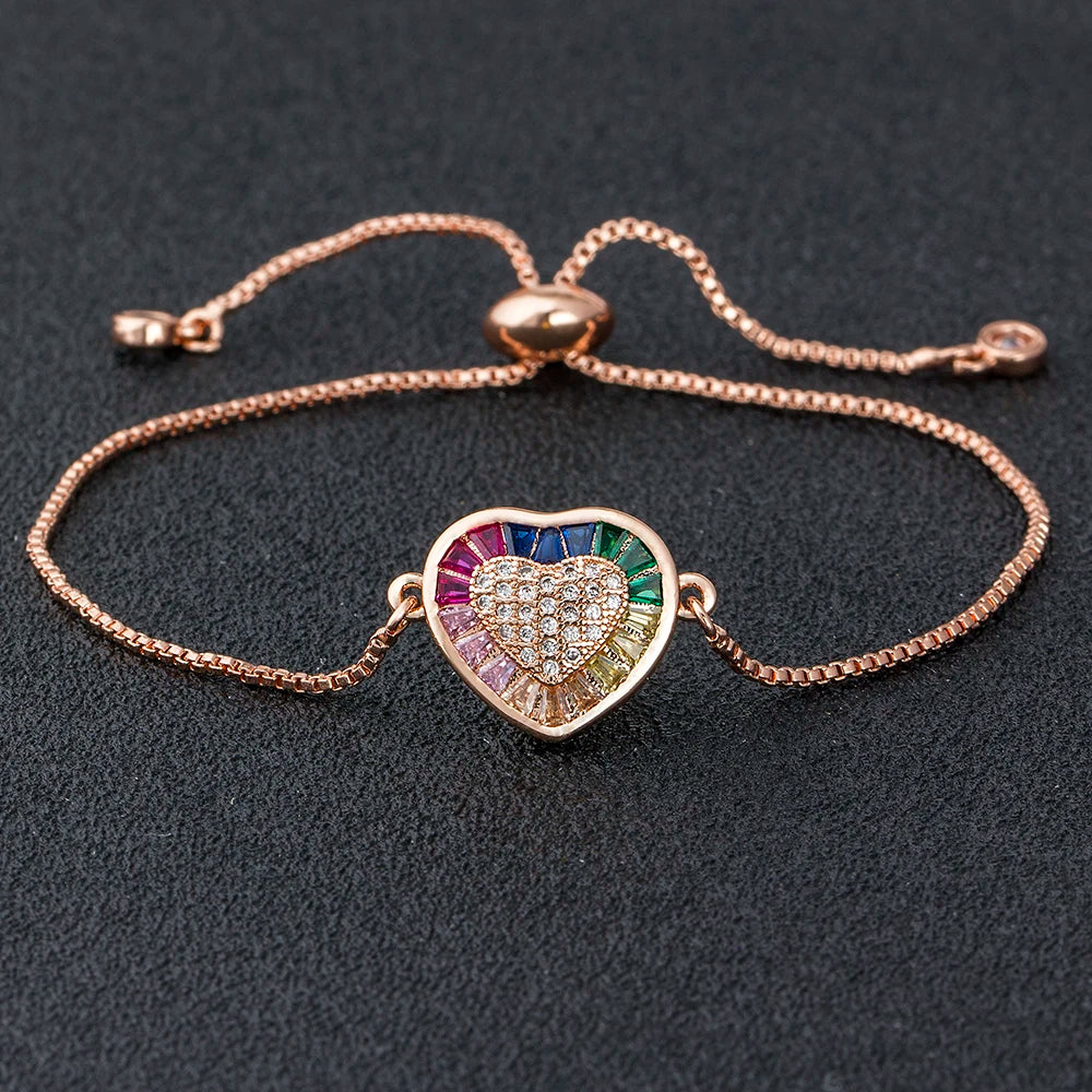 AIBEF Hot Sale Fashion Lovely Heart Rainbow Adjustable Bracelet Bangle Cubic Zircon Chain Bracelet Women Jewelry Birthday Gifts