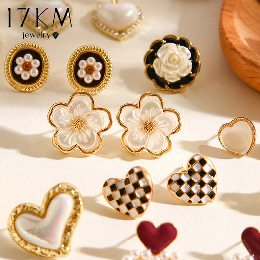 17KM 2Pcs Elegant Stud Earrings Set Geometric Pearl Heart Earrings Trendy Fashion Ear Accessories for Women Jewerly 2022 Wedding