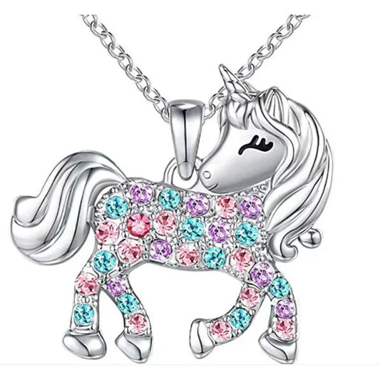 Korean Personality Simple Colorful Rhinestones Unicorn Pendant Necklace Temperament Sweet Girl Women Fashion Jewelry Accessories