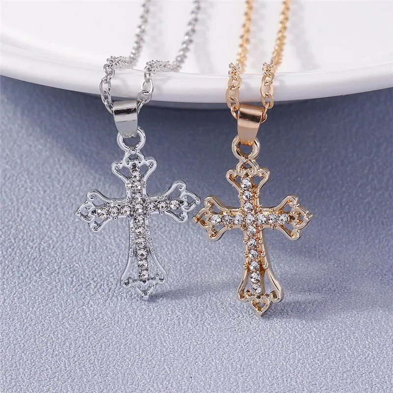 Fashion Cross Necklace for Women Men Gold Silver Color Dazzling Crystal Jesus Crucifix Necklace Christian Jewelry Wholesale