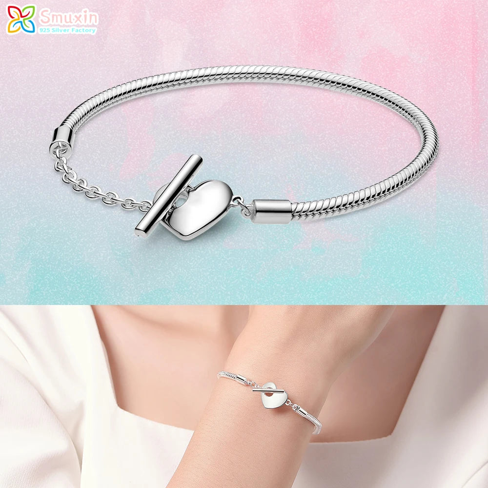 Smuxin 925 Silver Bracelets Disc Fan Crown Seashell T-Bar Multi Dreamcatcher Clasp Snake Chain Bracelets Friendship Heart Bangle