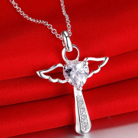 45cm Luxury 925 Sterling Silver angel fine crystal cross pendants Necklace For Women fashion Wedding Jewelry Christmas gifts