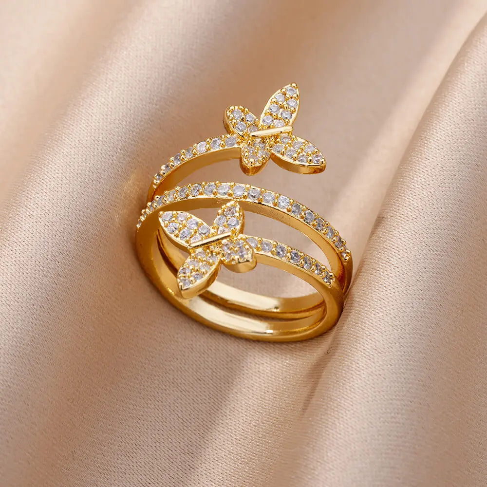 Luxury Rose Flower Zircon Rings For Women Gold Color Stainless Steel Fashion Butterfly Ring 2023 Wedding Aesthetic Jewerly Gift