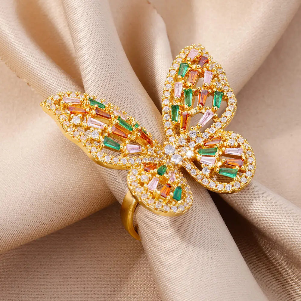 Luxury Zircon Butterfly Rings for Women Stainless Steel Rainbow Crystal Stone Ring 2023 Trend Wedding Jewerly free shipping