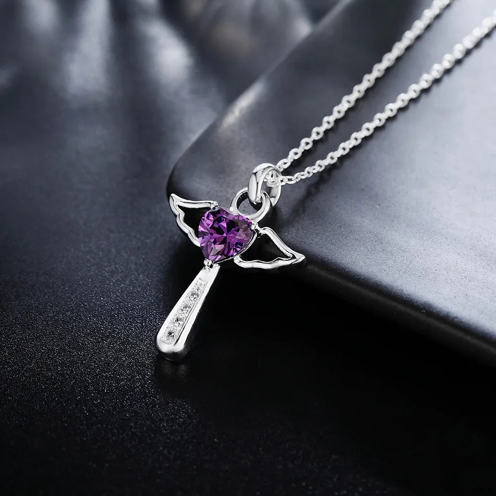 45cm Luxury 925 Sterling Silver angel fine crystal cross pendants Necklace For Women fashion Wedding Jewelry Christmas gifts