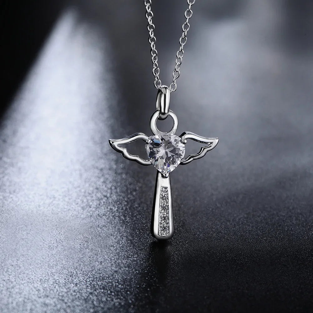 45cm Luxury 925 Sterling Silver angel fine crystal cross pendants Necklace For Women fashion Wedding Jewelry Christmas gifts