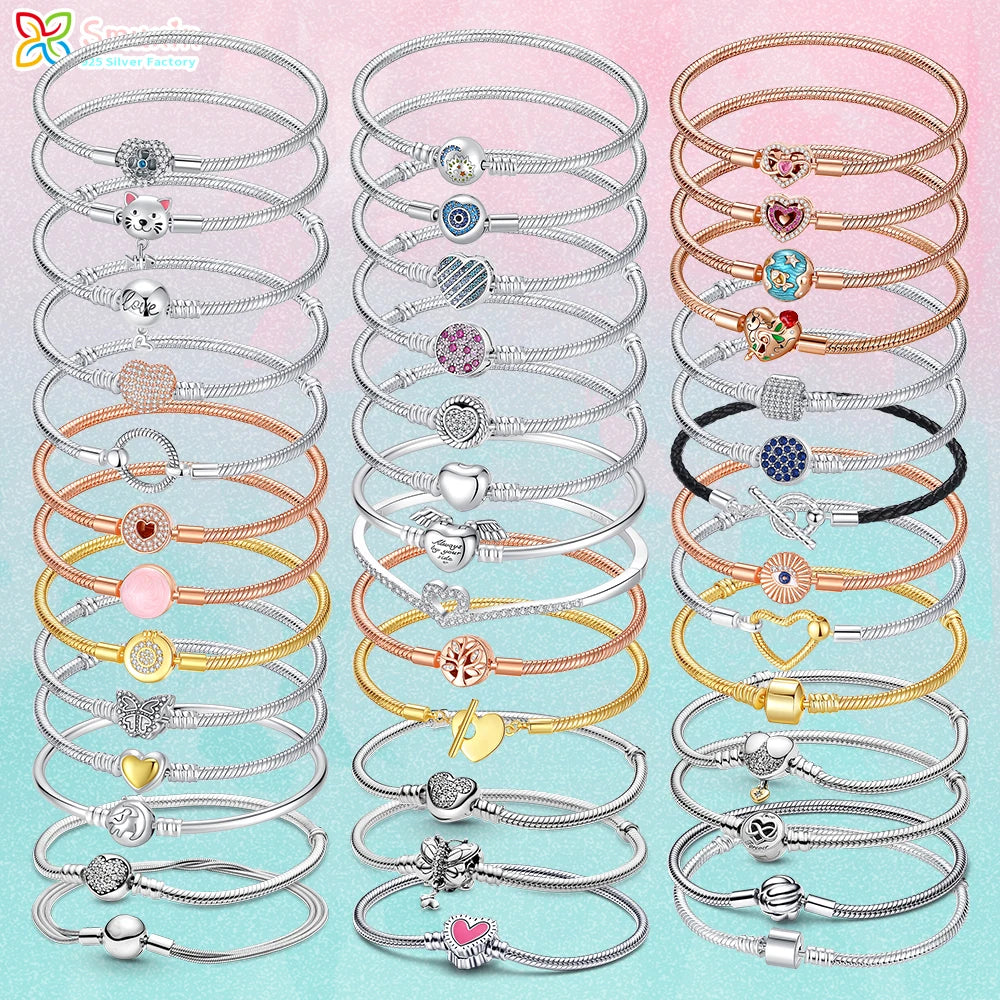 Smuxin 925 Silver Bracelets Disc Fan Crown Seashell T-Bar Multi Dreamcatcher Clasp Snake Chain Bracelets Friendship Heart Bangle