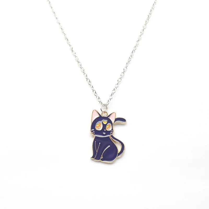 2Pcs Cartoon Cute Cat Pendant Necklace for Women Girls Couple Matching Long Chain Necklace Friendship Jewelry Bestfriend Gifts