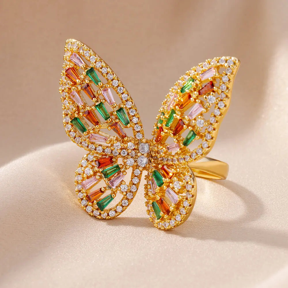 Luxury Zircon Butterfly Rings for Women Stainless Steel Rainbow Crystal Stone Ring 2023 Trend Wedding Jewerly free shipping