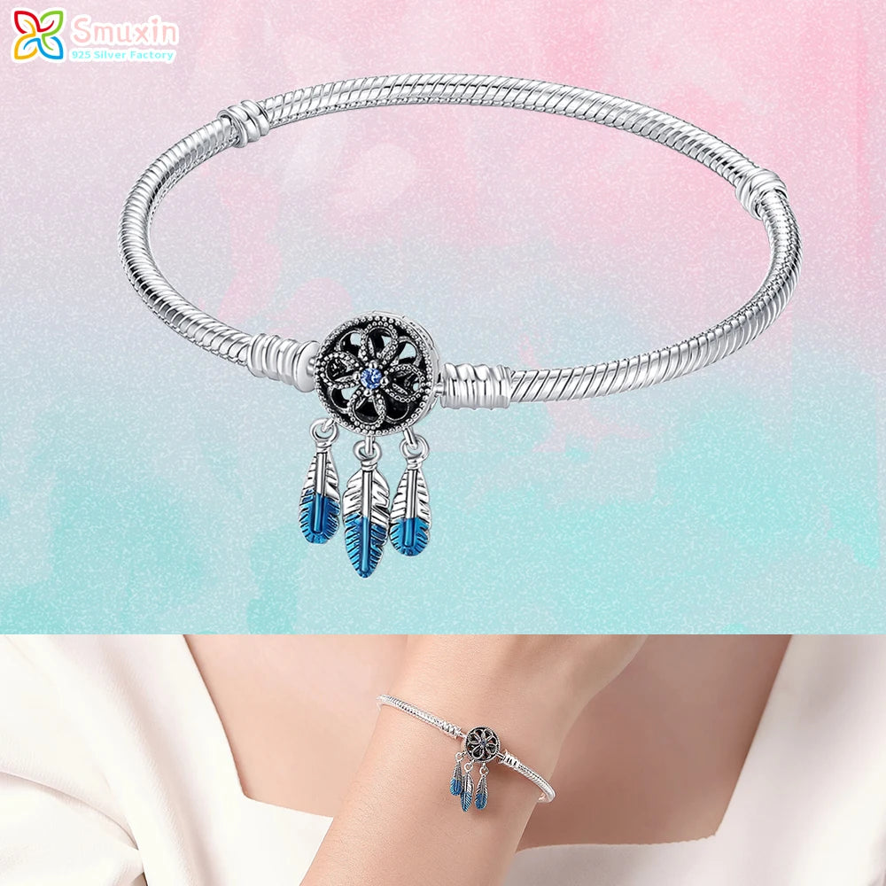 Smuxin 925 Silver Bracelets Disc Fan Crown Seashell T-Bar Multi Dreamcatcher Clasp Snake Chain Bracelets Friendship Heart Bangle