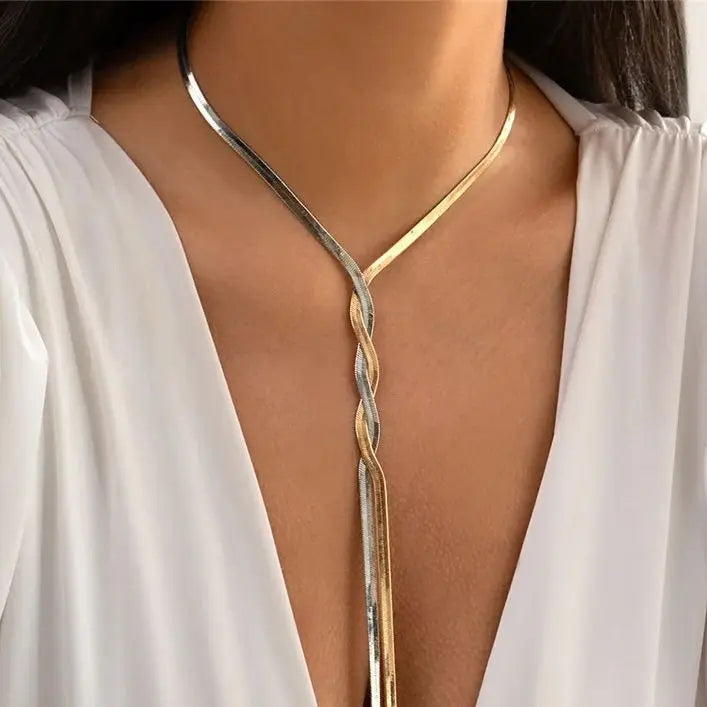 Ingemark Kpop Adjustable Flat Snake Long Chain Necklace for Women Wed Temperament Weave Link Choker Chest Neck Jewelry Gift New