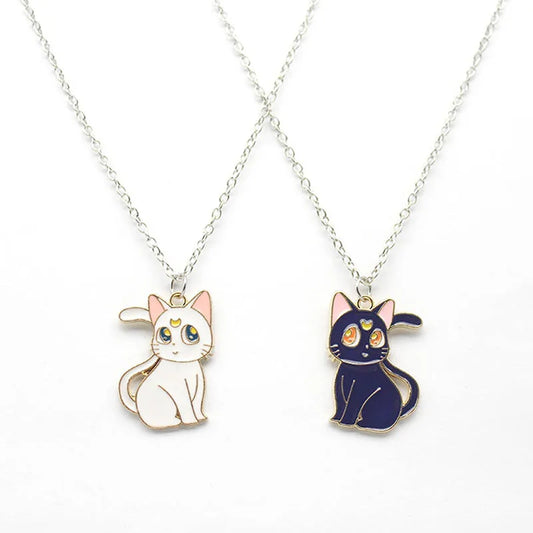 2Pcs Cartoon Cute Cat Pendant Necklace for Women Girls Couple Matching Long Chain Necklace Friendship Jewelry Bestfriend Gifts