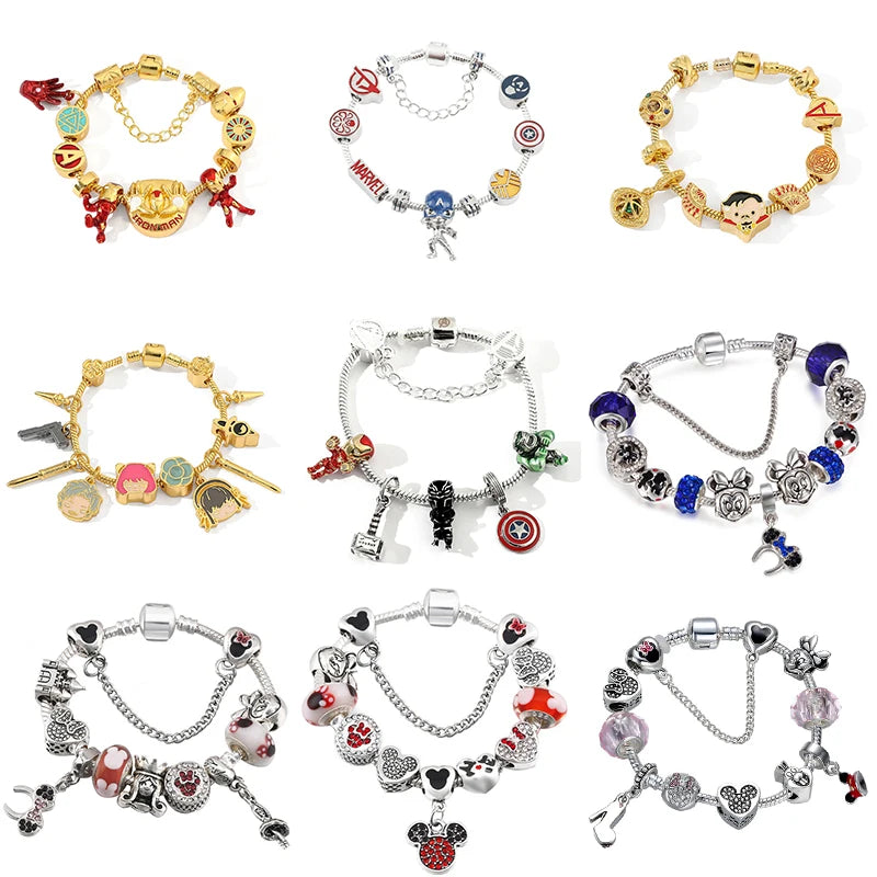 Disney Mickey Minnie Charm Bracelet Star Wars Doctor Strange Frozen Crystal Bead Bracelet for Women Girl Marvel Jewelry Gift