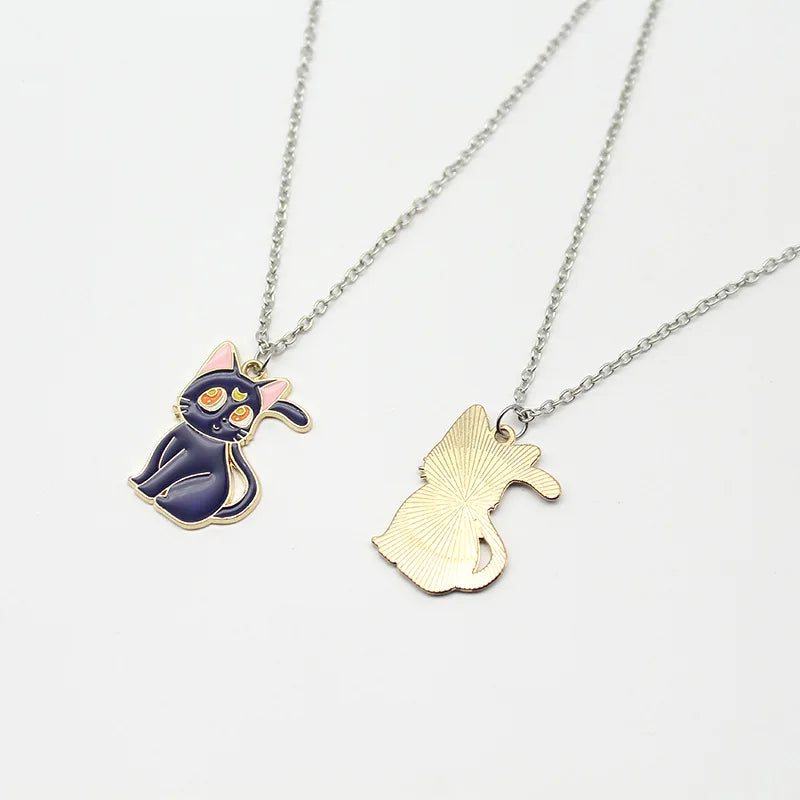 2Pcs Cartoon Cute Cat Pendant Necklace for Women Girls Couple Matching Long Chain Necklace Friendship Jewelry Bestfriend Gifts