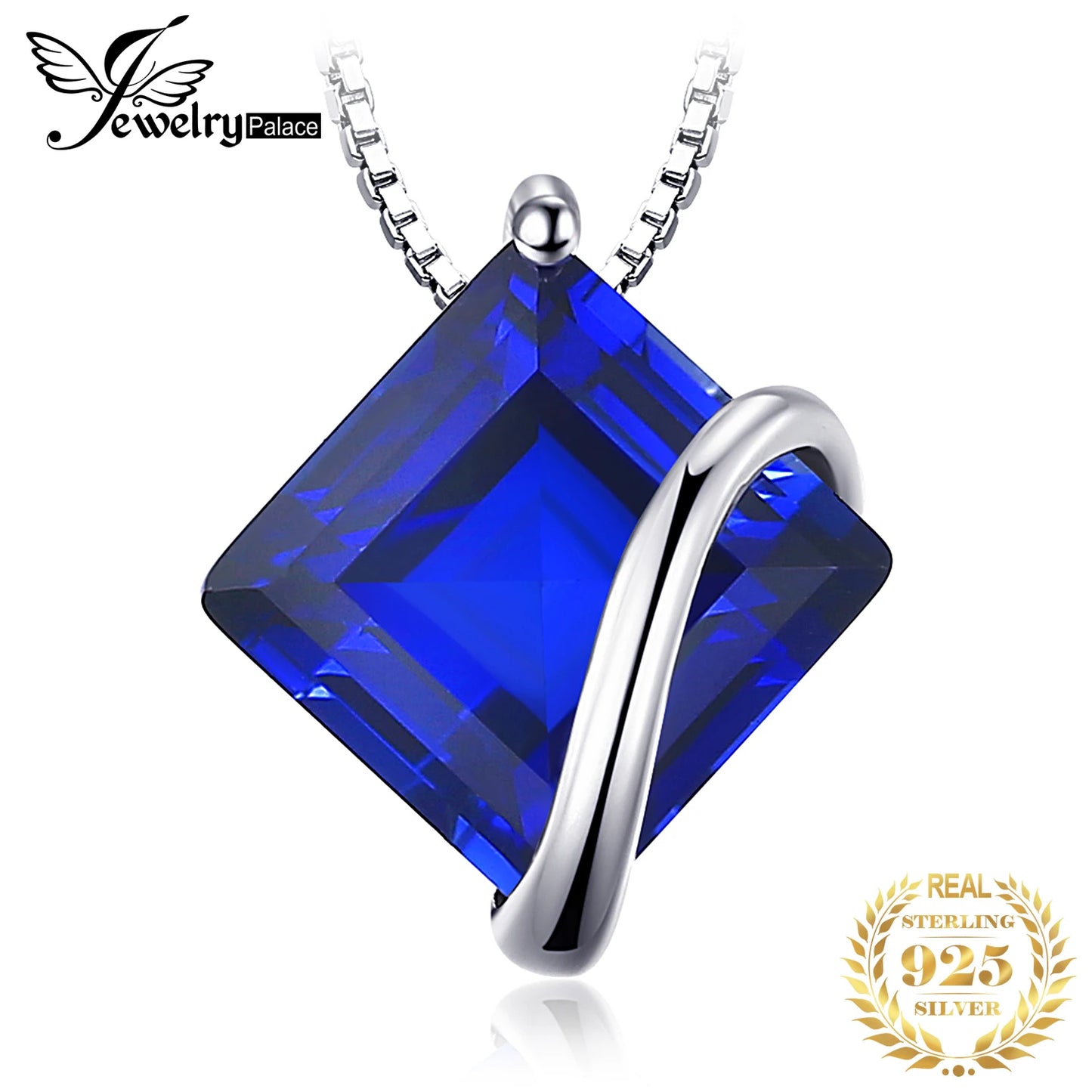 JewelryPalace 3.3ct Square Created Blue Sapphire 925 Sterling Silver Pendant Necklace for Women Gemstone Fine Jewerly No Chain