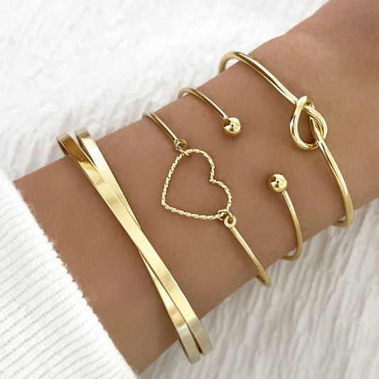 4Pcs Charm Thick Thin Link Bracelets Set For Women Gold Color Love Heart Knot Metal Chain Twist Bracelet Punk Jewelry Party Gift