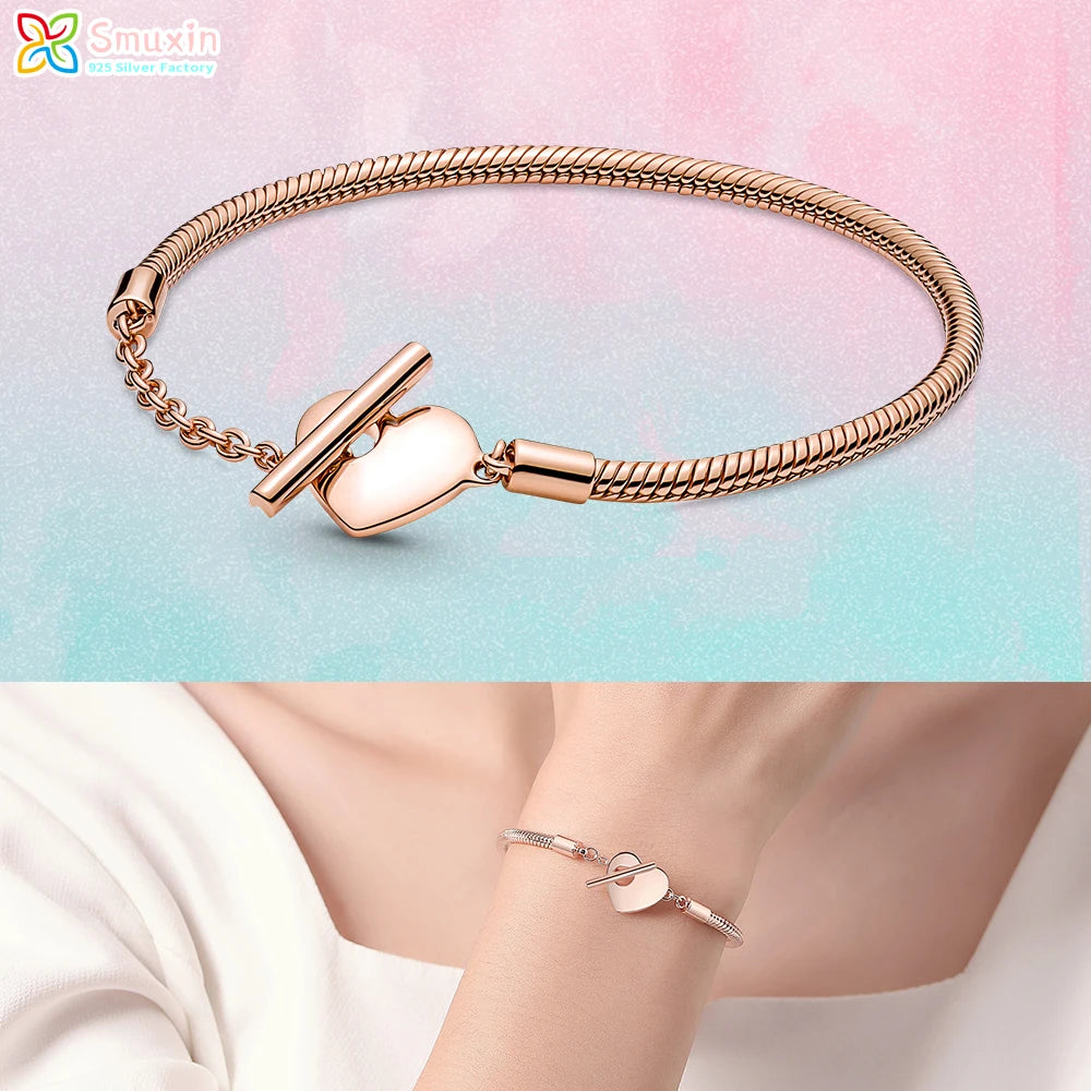 Smuxin 925 Silver Bracelets Disc Fan Crown Seashell T-Bar Multi Dreamcatcher Clasp Snake Chain Bracelets Friendship Heart Bangle