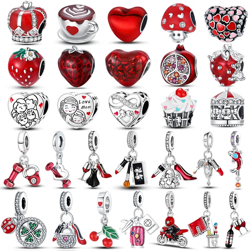 new in 100% 925 Sterling Silver Red Color Series Heart Shape Charms Beads Fit Pandora 925 Original Bracelets Lucky Jewelry Gifts