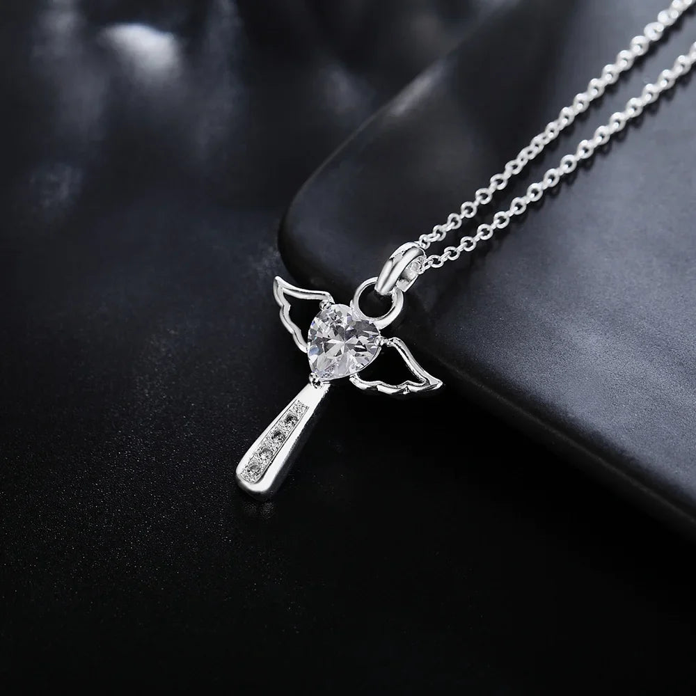 45cm Luxury 925 Sterling Silver angel fine crystal cross pendants Necklace For Women fashion Wedding Jewelry Christmas gifts