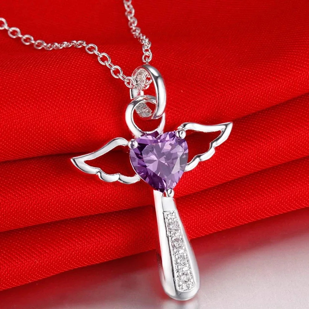 45cm Luxury 925 Sterling Silver angel fine crystal cross pendants Necklace For Women fashion Wedding Jewelry Christmas gifts