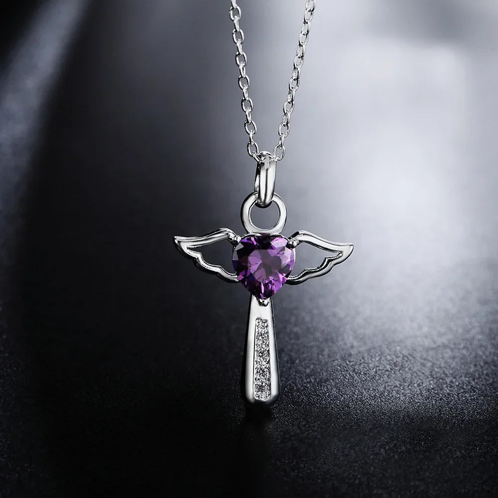 45cm Luxury 925 Sterling Silver angel fine crystal cross pendants Necklace For Women fashion Wedding Jewelry Christmas gifts