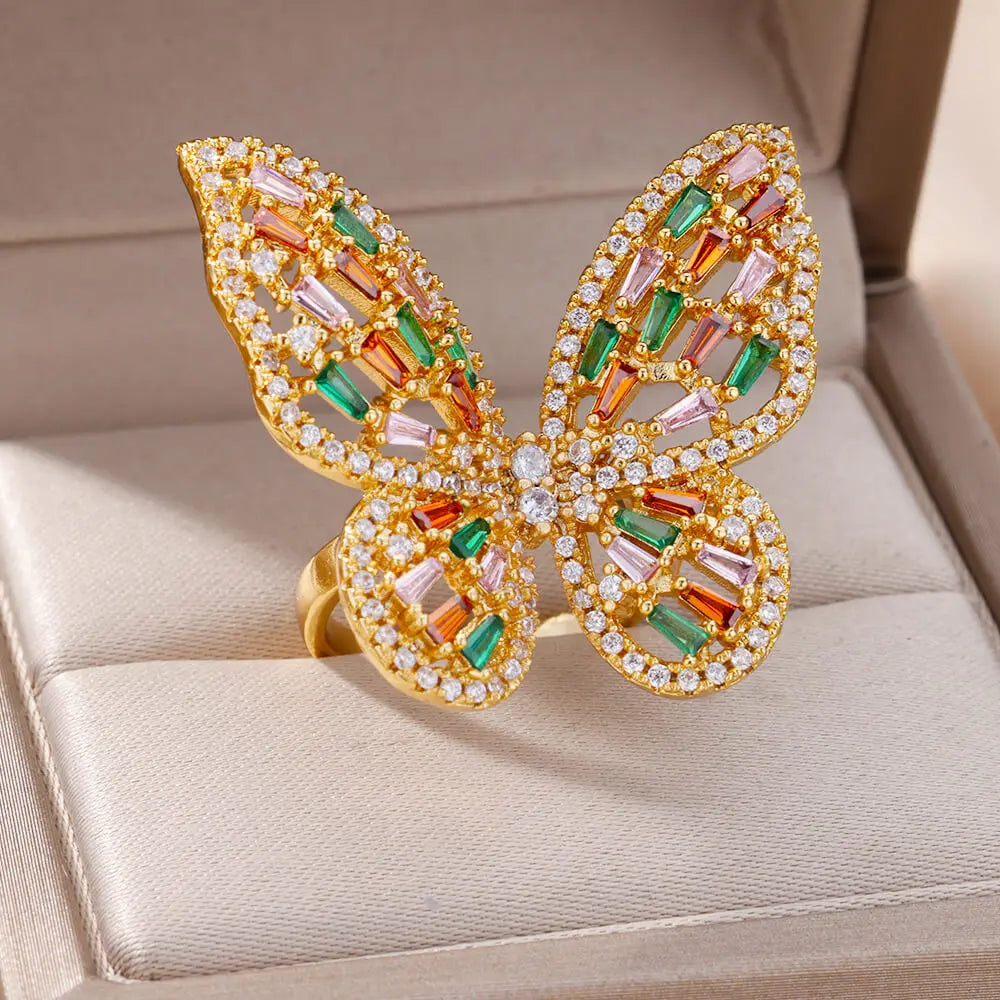 Luxury Zircon Butterfly Rings for Women Stainless Steel Rainbow Crystal Stone Ring 2023 Trend Wedding Jewerly free shipping