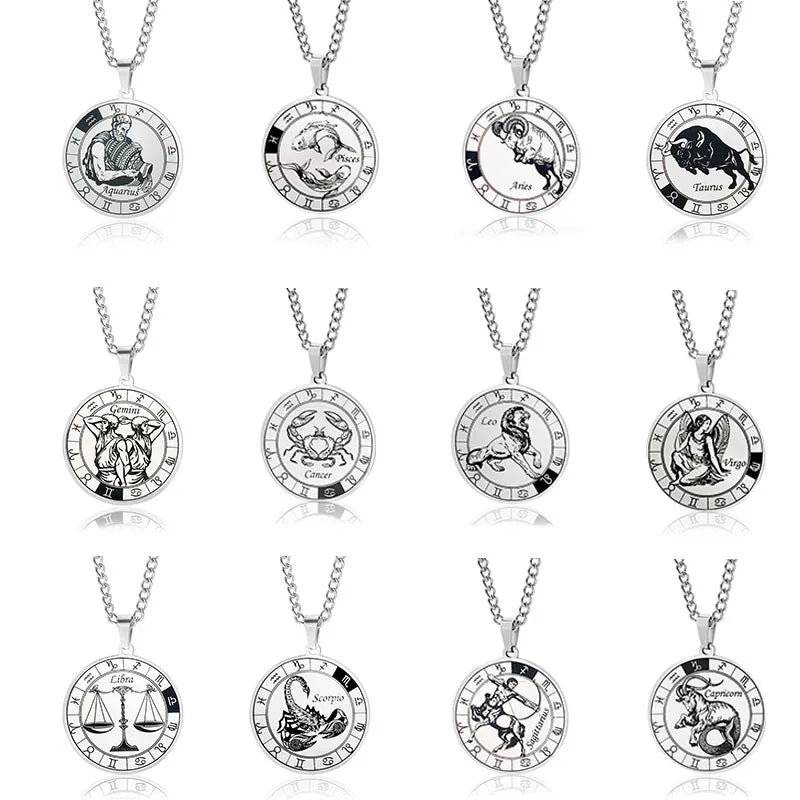 12 Constellation Necklace Titanium Steel Zodiac Astrology Pendant Stainless Steel Necklaces Men&Women Chain Jewelry Accessories