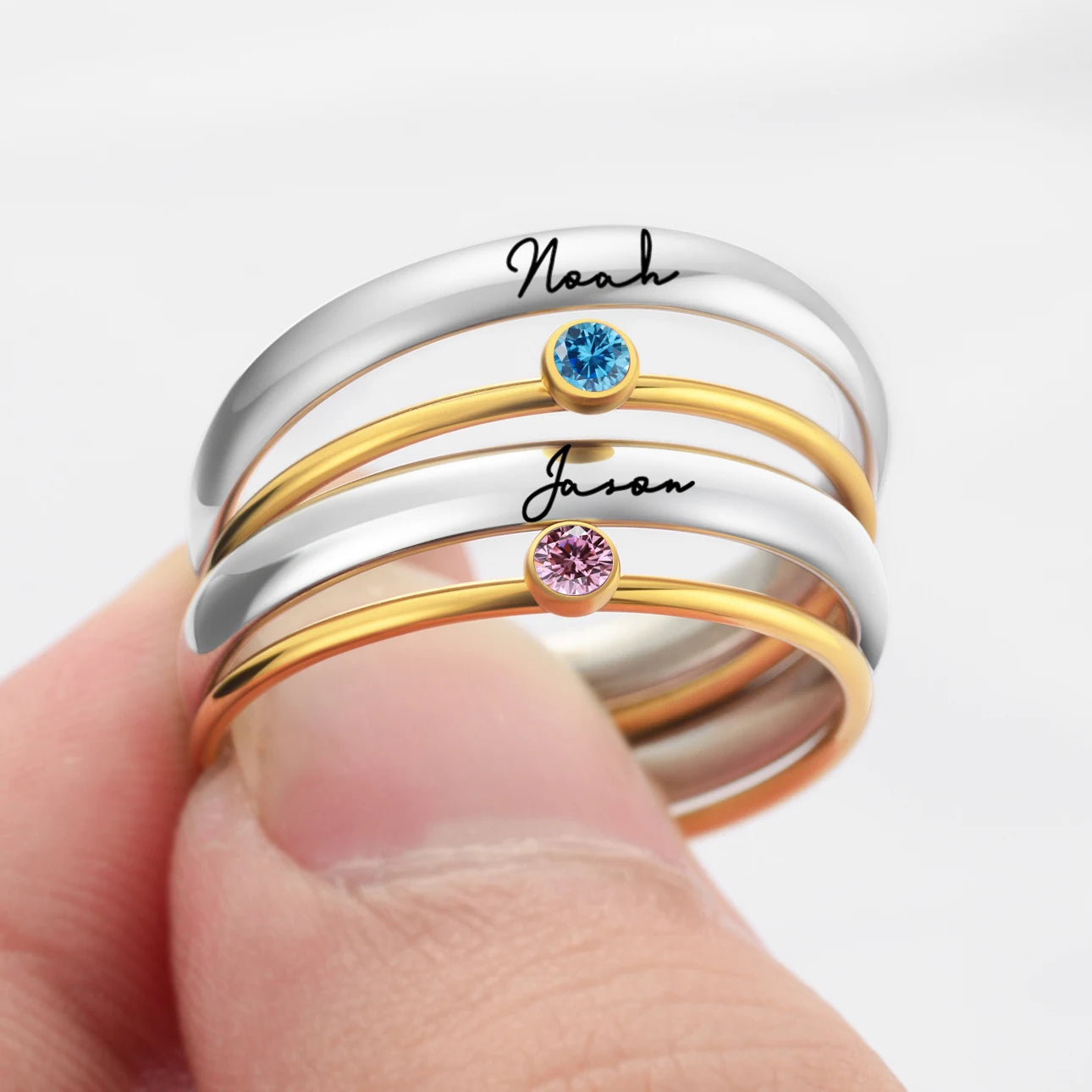 Personalized Names Birthstone Ring 3mm & 1mm Stainless Steel With AAA+ Zircon Engraved for Mothers Day Woman Jewelry Gift